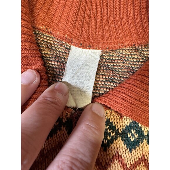Vintage 70s Geometric Knit Wool Zip Cardigan Sweater Orange Black Chevron - Picture 5 of 7